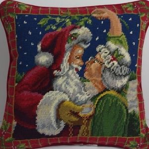 Vintage Christmas santa claus and mrs claus kissing under the mistletoe pillow